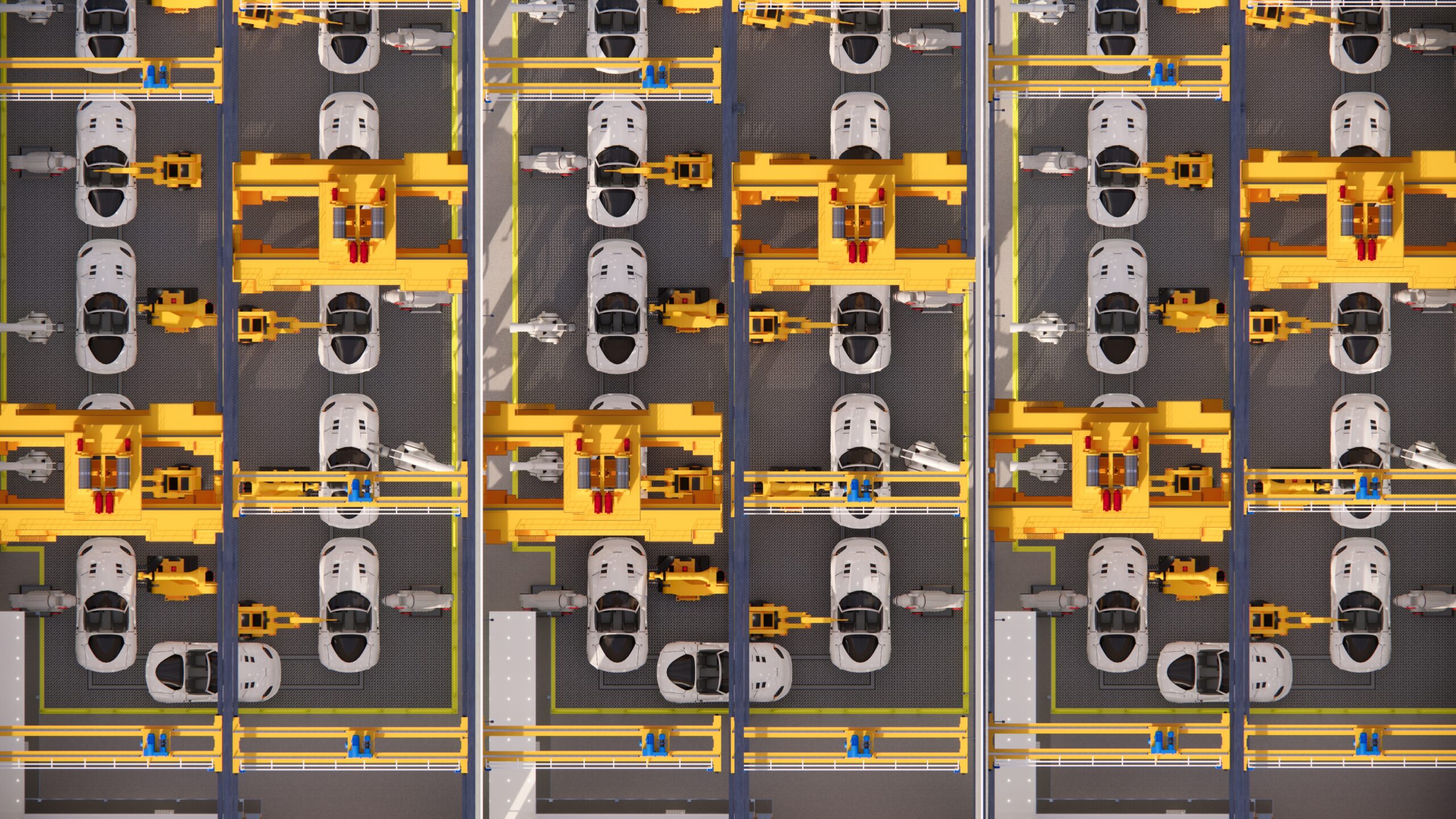 Aerial view of a car assembly line with robots and automotive consulting enhancing efficiency.