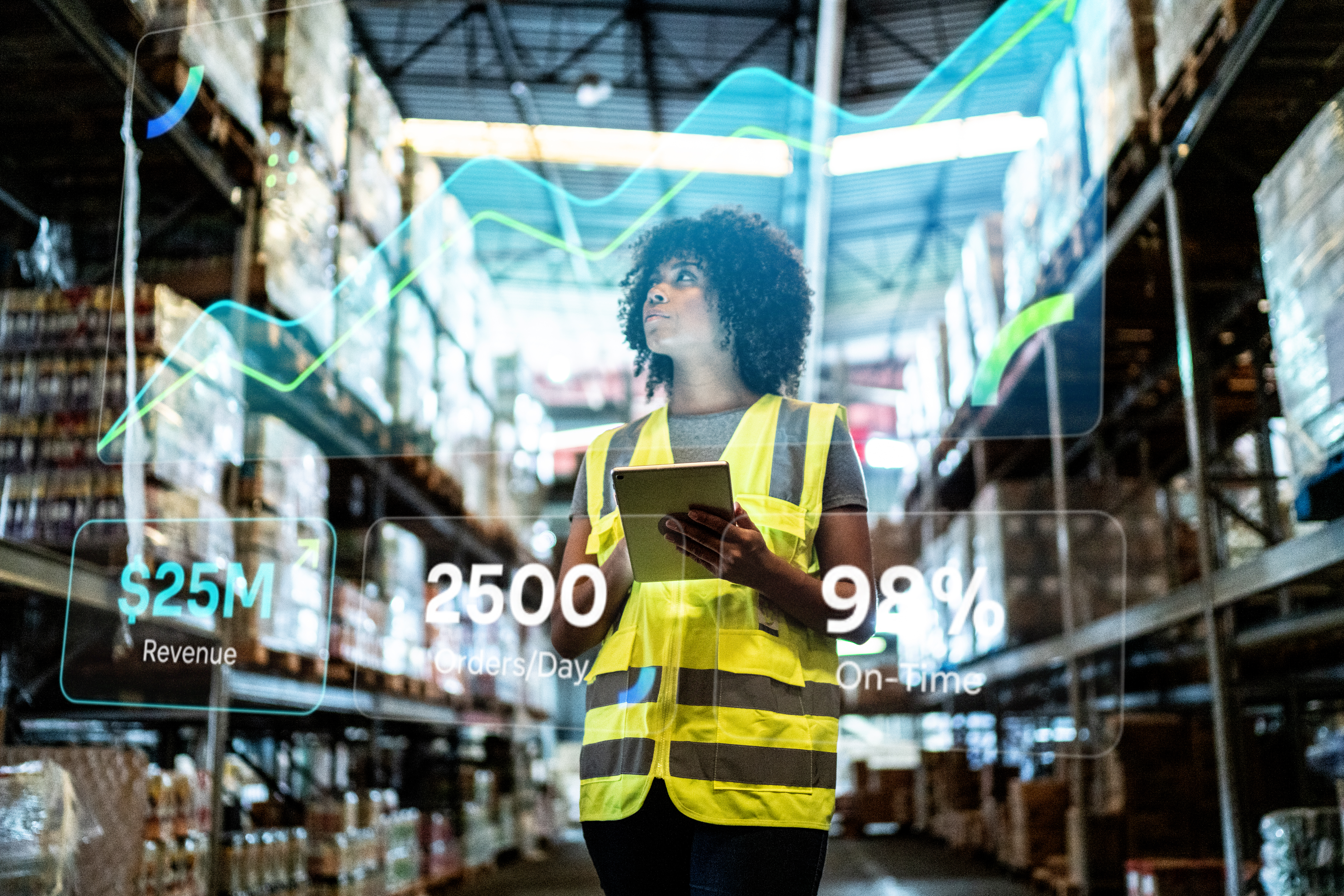 Warehouse worker visualizing smart infos representing digital supply chain consulting