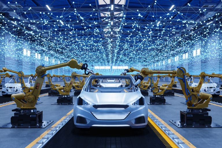 Car factory with robotic arms, digital network lights, and electric vehicle consulting experts.