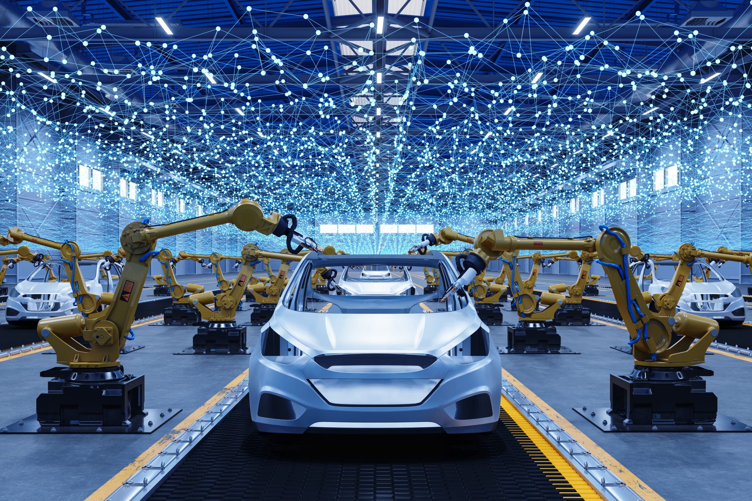 Car factory with robotic arms, digital network lights, and electric vehicle consulting experts.