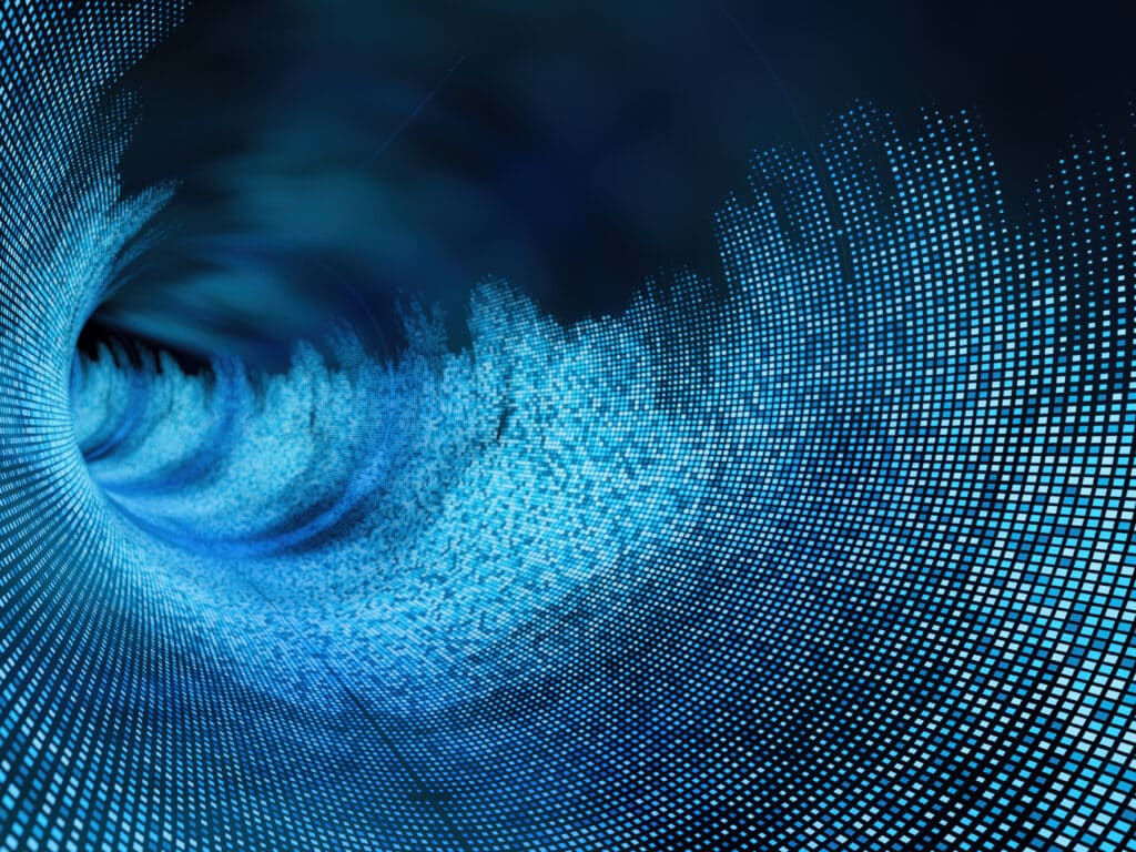 Blue digital wave of square pixels, curving into a tunnel; inspired by generative AI consulting.