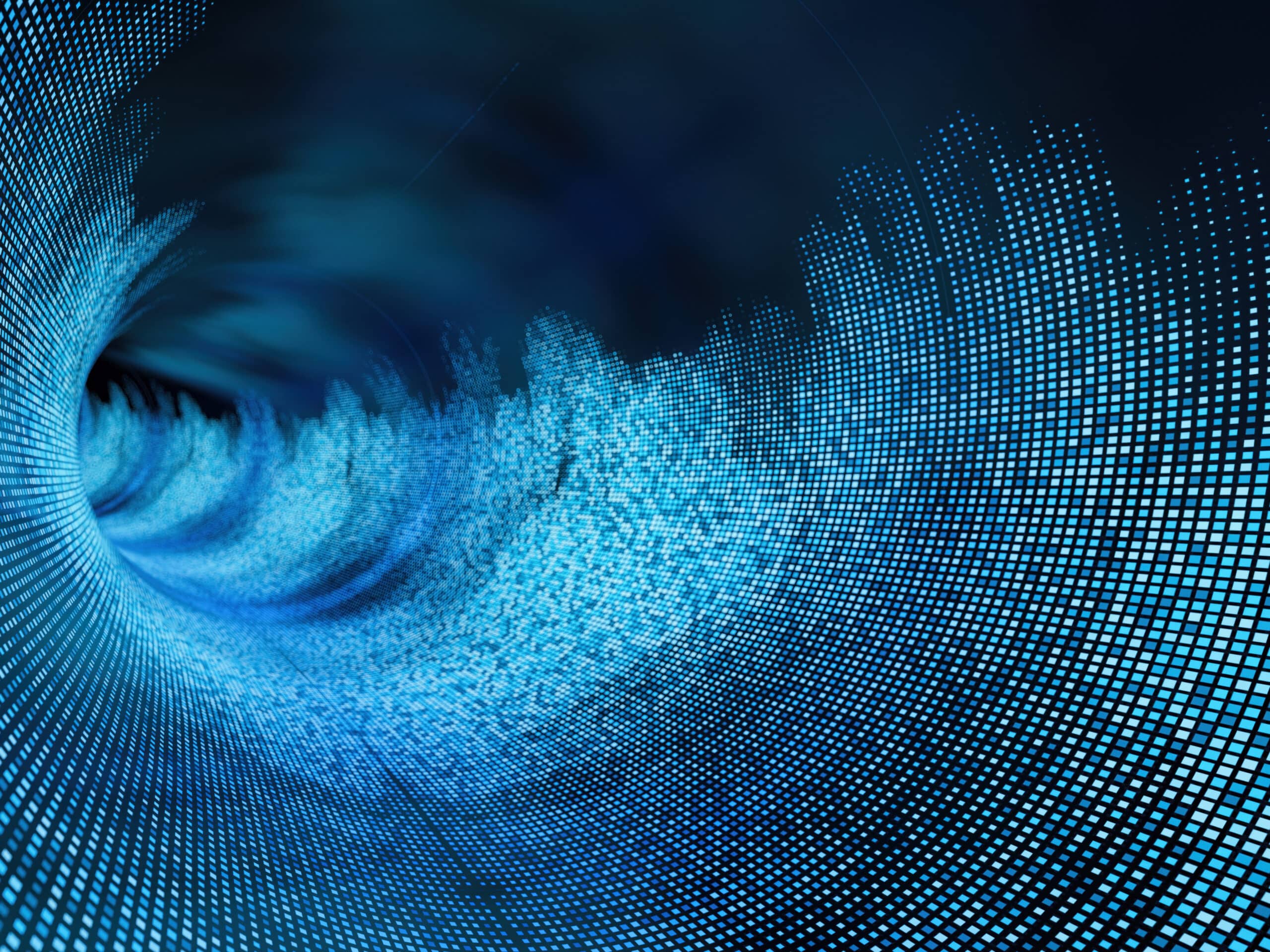 Blue digital wave of square pixels, curving into a tunnel; inspired by generative AI consulting.