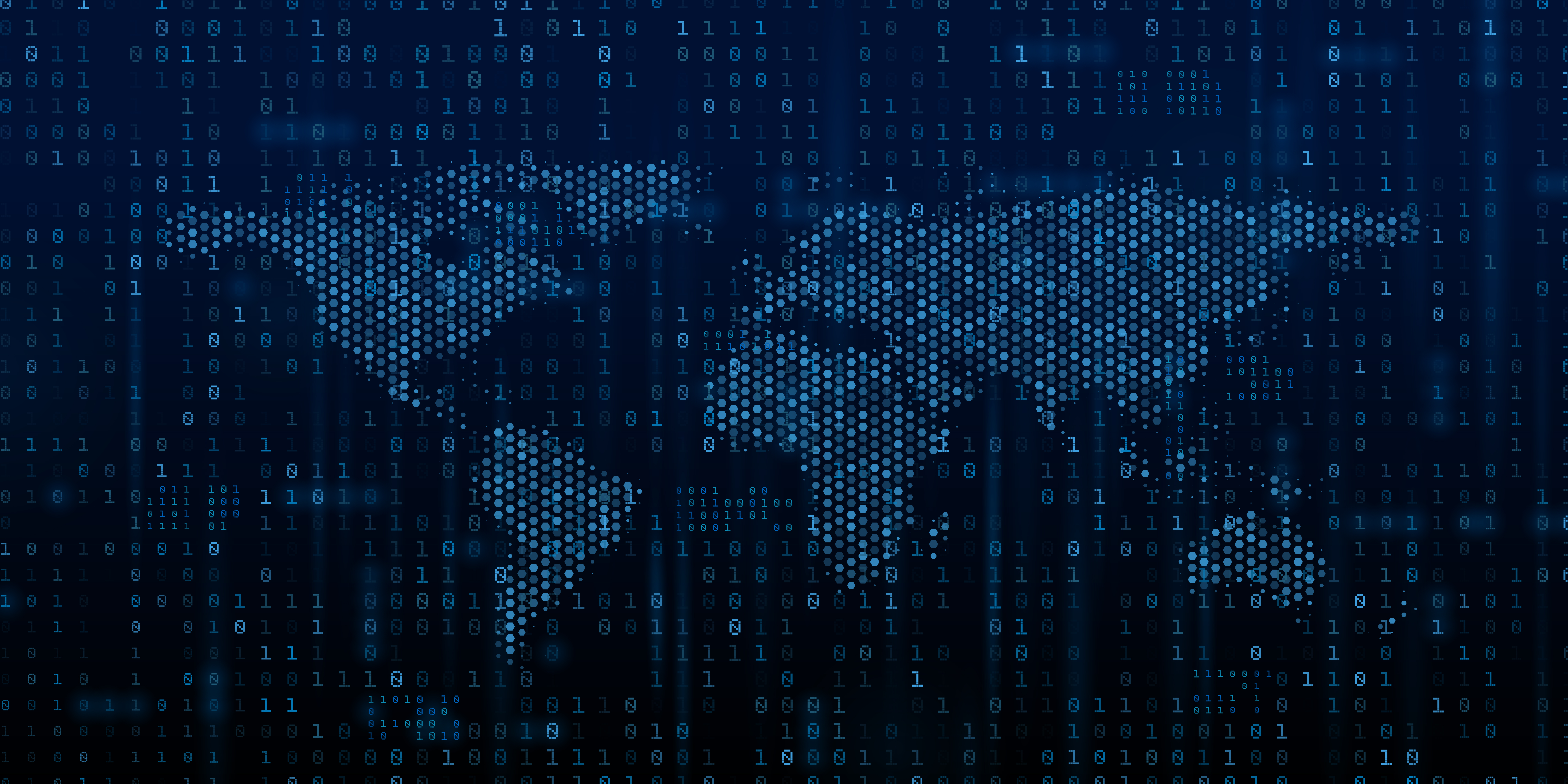 World map of blue hexagons over binary code, ideal for industrial cybersecurity consulting themes.