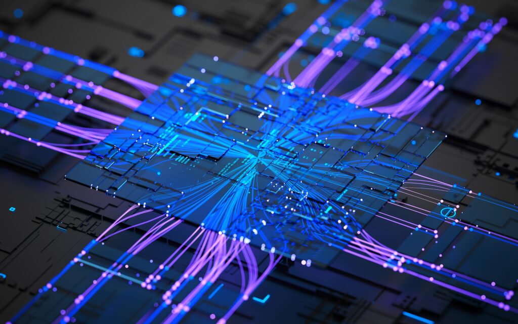 Abstract digital circuit with glowing blue, purple lines—perfect for mlops consulting visuals.
