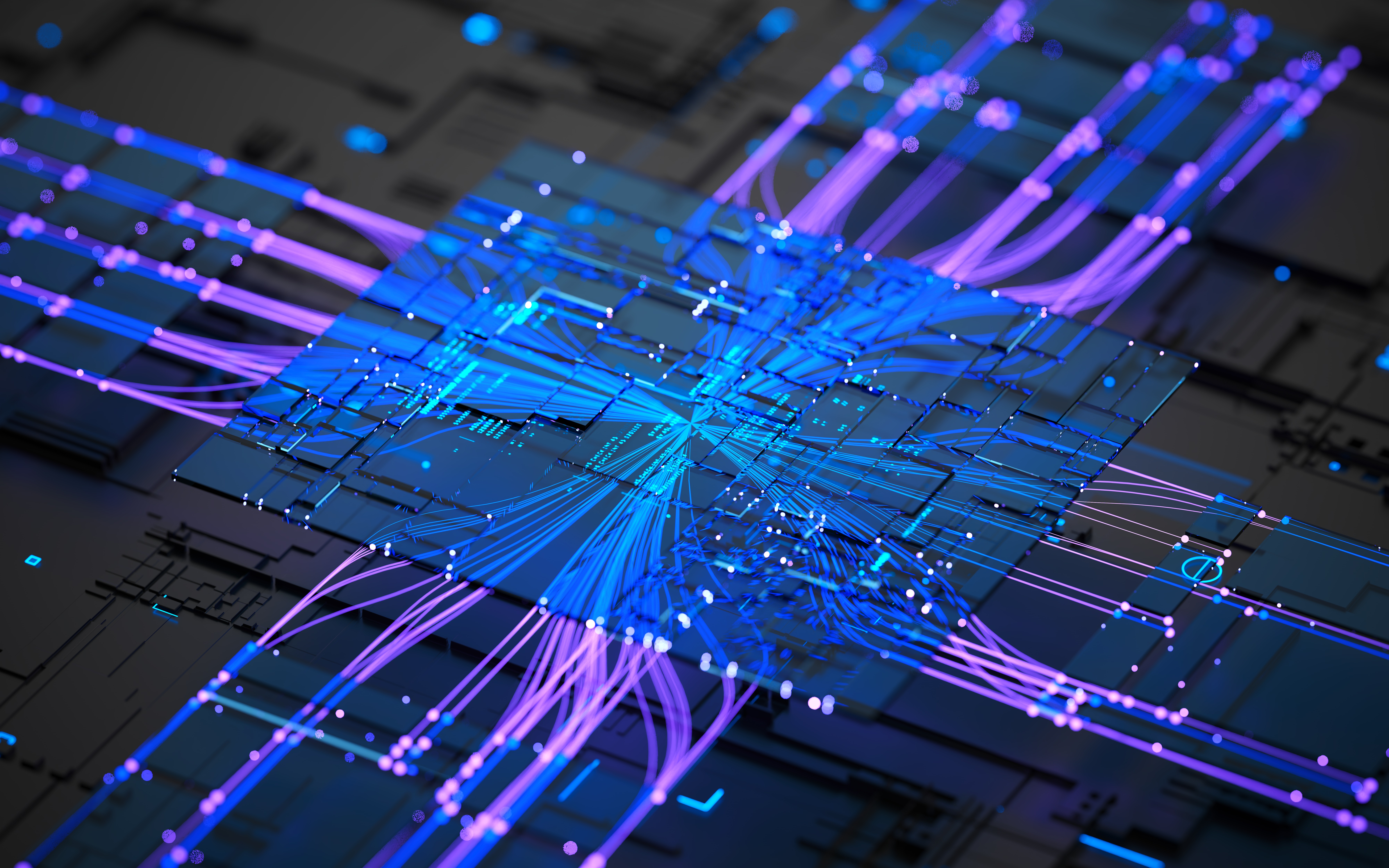Abstract digital circuit with glowing blue, purple lines—perfect for mlops consulting visuals.