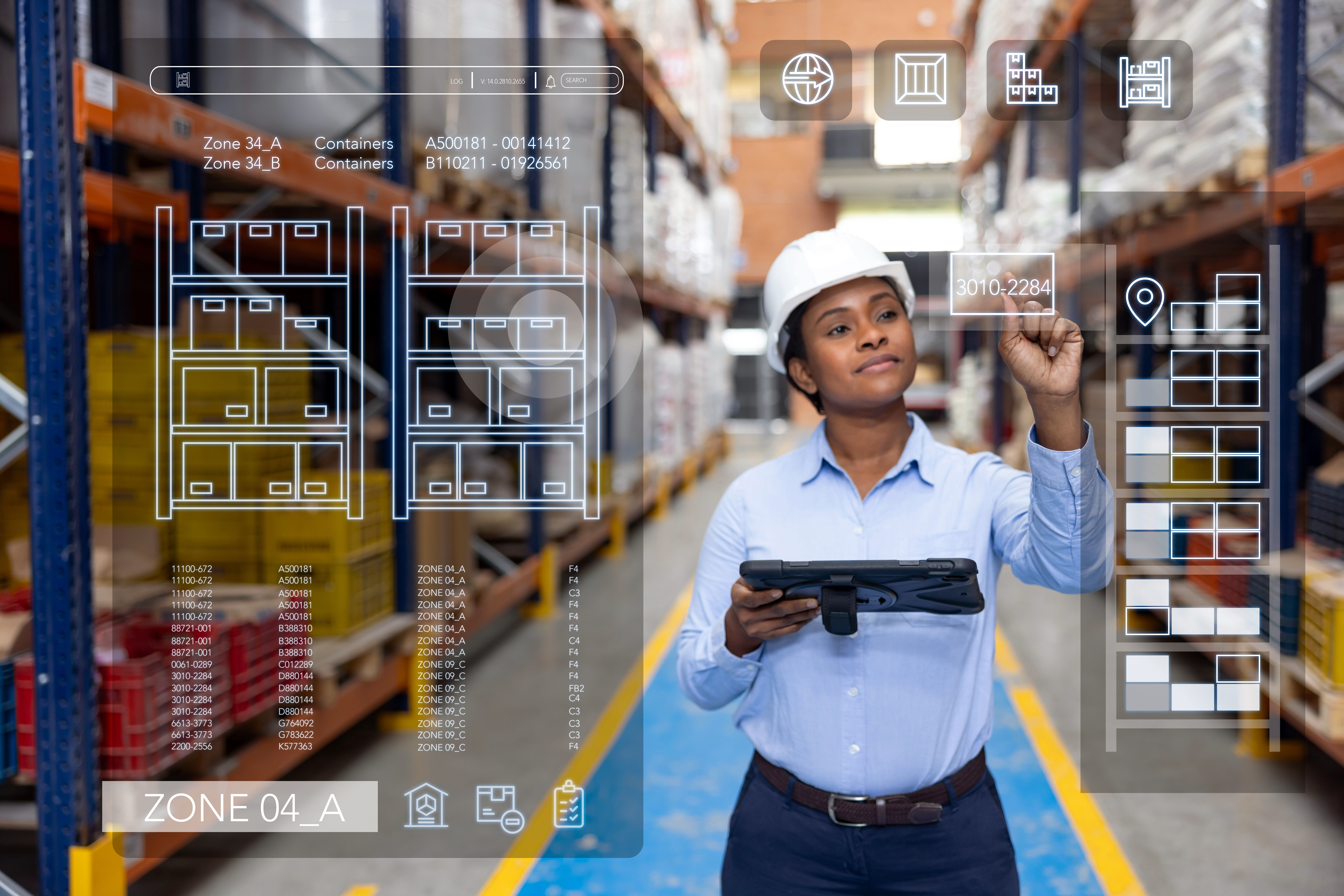 Woman in a warehouse uses a tablet and virtual screen, showcasing warehouse automation consulting.