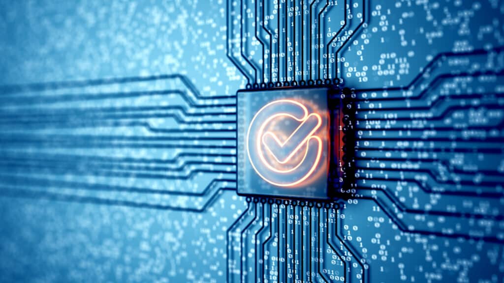 A glowing checkmark in a microchip with binary code, symbolizing AI Vendor Risk.
