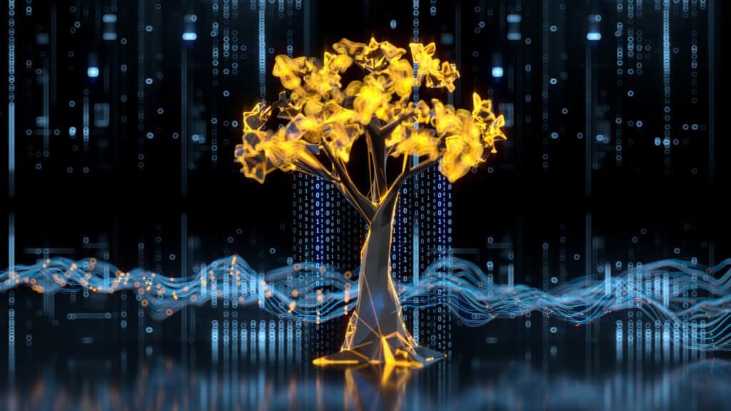 Golden digital tree with glowing leaves, showcasing the infrastructure behind enterprise AI.